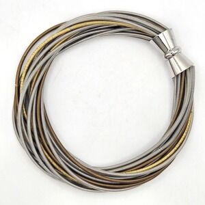 Mixed Metal Multi Strand Piano Wire Bracelet Magnetic Clasp Silver Gold